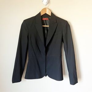 Alice + Olivia Peplum Shoulder Pad Collared Wool Blazer Black S